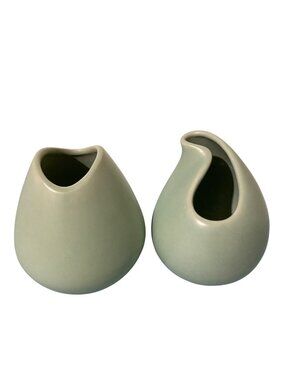 Matte Green Minimalist Pottery Ceramic Vases Vintage Set Of 2